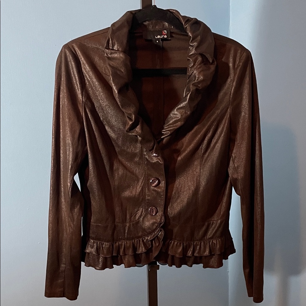 Luxurious Laura Leather-Look Lightweight Brown Ruffled Blazer